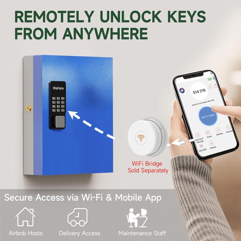 WeHere 32 Key Lock Box(Plus) Wall Mount, APP Bluetooth/One Time Password/Wi-Fi Remote/Fixed Code/Key Unlock, Smart Key Cabinet, Key Organizer Box for Car Dealert, Hotel, Office, School Key Manage - Image 5